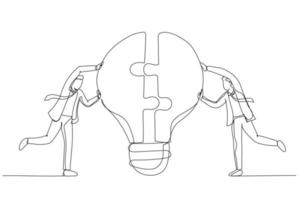 Drawing of businessman team members partner connect lightbulb jigsaw puzzle together. Teamwork or partnership. Single continuous line art style vector