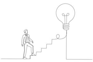 la ilustración de un hombre de negocios comienza a caminar en la línea eléctrica como escalera a la bombilla de una gran idea. creatividad para los negocios. estilo de arte de una sola línea vector