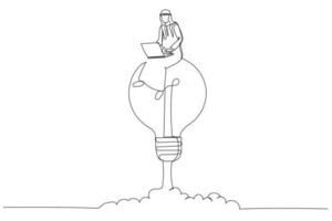 Cartoon of arab businessman working on a soaring light bulb rocket. Working with creativity. One line art style vector