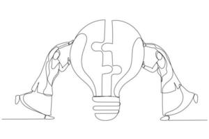 Drawing of muslim businesswoman team members partner connect lightbulb jigsaw puzzle together. Teamwork or partnership. Single continuous line art style vector