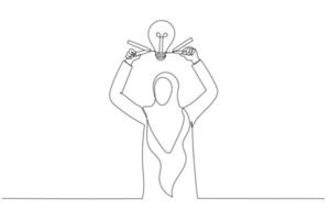 Illustration of arab muslim businesswoman manager pull bright lightbulb as pendulum to transfer knowledge. Single line art style vector
