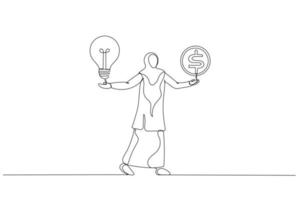 Cartoon of arab muslim businesswoman carry idea concept creating business opportunity. One line art style vector