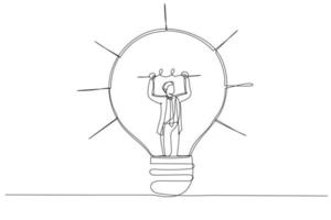 Cartoon of businessman connect electricity to lightbulb idea metaphor of new business idea. One line art style vector