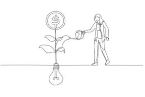 Cartoon of businesswoman watering on growing money coin seedling plant from lightbulb idea metaphor of monetize idea. Single continuous line art style vector