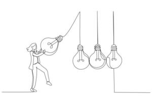Cartoon of businesswoman manager pull bright lightbulb as pendulum to transfer knowledge. Continuous line art style vector