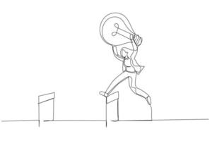 Drawing of businesswoman jumping over hurdle. Single line art style vector