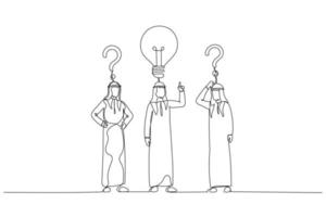 Illustration of arab muslim businessman with question sings and lamp idea concept of find right decision. Continuous line art style vector