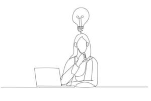 Drawing of thoughtful businesswoman think of online project looking at laptop at workplace. Single line art style vector