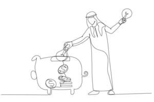 Cartoon of arab muslim businessman putting light bulb into a piggy bank concept of good business idea. Single line art style vector