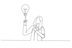 Cartoon of young businesswoman pointing with the index finger a great idea. Single continuous line art style vector