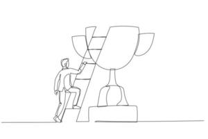 Drawing of businessman building ladder of success climbing to top of champion trophy cup. Single continuous line art style vector