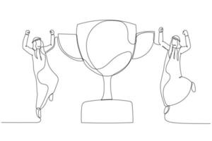 Illustration of arab businessman employee jump in the air with trophy cup concept of recognition. One line style art vector