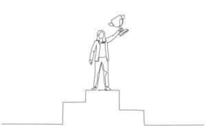 Illustration of first place winner businesswoman on  pedestal rising hand with gold cup. One line art style vector