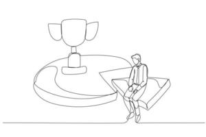 Cartoon of businessman working effective and efficient and being productive get trophy. One line art style vector
