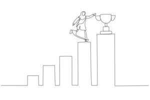 Drawing of winning muslim businesswoman step up growing bar graph to win the trophy success concept. Single line art style vector