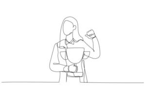 Drawing of businesswoman pointing self with thumb feeling proud get trophy award for achievement. One continuous line art style vector