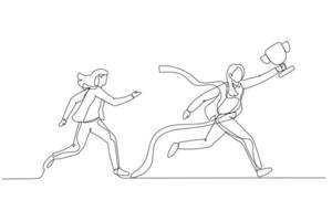 Drawing of businesswoman get to the finish line winning fierce competition. Continuous line art vector