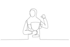 Drawing of muslim businesswoman pointing self with thumb feeling proud get trophy award for achievement. One line style art vector