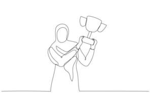 Illustration of muslim businesswoman raising trophy metaphor of success. Single continuous line art style vector