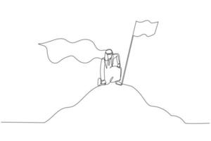 Drawing of arab businessman with hero cape on mountain. Single continuous line art style vector