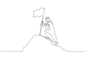 dibujo de hombre de negocios árabe con bandera en el pico de la montaña concepto de logro. estilo de arte de línea continua única vector