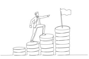 Cartoon of businessman step climbing money coin stack aiming to achieve target reach financial goal. One line art style vector