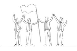 Drawing of businessman raising flag reaching top and success. Single continuous line art style vector