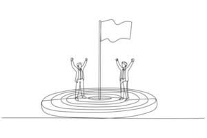 Illustration of businessmen flagpole flagstaff target aim field concept of achievement. Single continuous line art vector