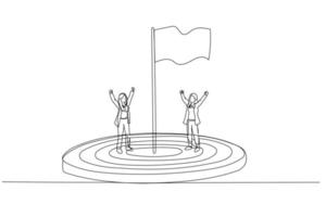 Cartoon of businesswoman flagpole flagstaff target aim field concept of achievement. Continuous line art vector