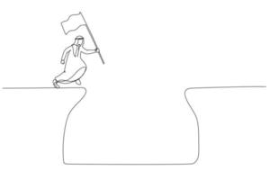 Illustration of arab man jump over cliff gap to achieve business target concept of determination. Single line art style vector