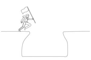 Drawing of businesswoman jump over cliff gap to achieve business target concept of determination. Single continuous line art vector