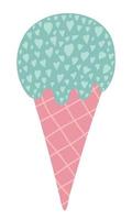 Vector ice cream in waffle cone. Pastel ice cream with many tiny hearts. Hand drawn cartoon doodle food sketch isolated on white background. Lovely vector illustration.