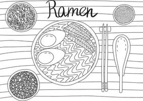 Vector asian traditional dish ramen top view. Hand drawn ramen dish table view sketch