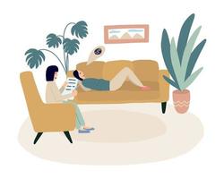 Psychological therapy session vector illustration. Woman lying on the couch and psychologist listening in armchair. Mental health and psychology concept
