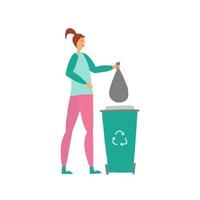 Woman throws away trash into can trash. Zero waste concept. vector