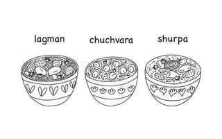 Vector set of central Asian cuisine soups. Lagman, chuchvara and shurpa in bowl set of soups