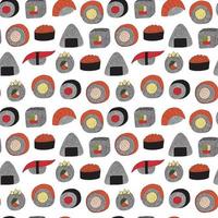 vector sushi y rollos con patrones sin fisuras de pescado. impresión de sushi y sashimi dibujado a mano sobre fondo blanco