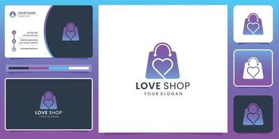 modern love line silhouette logo and shop bag design with gradient color and business card template. vector