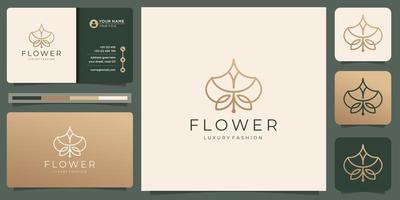 minimalist flower line logo design with business card template. creative floral line luxury fashion. vector