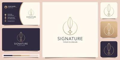 feminine quill feather design.pen signature handwriting circle frame logo and business card design. vector