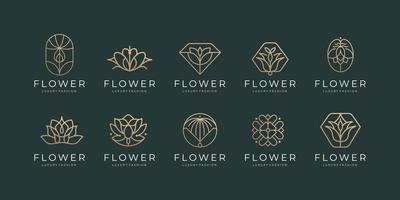 diseño de conjunto de flores de belleza femenina. icono de conjunto floral de la colección de logotipos con inspiración de color dorado. vector