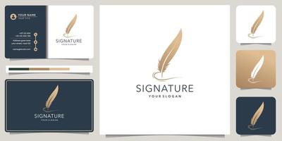 minimalist quill pen signature logo design and business card with ink linear and premium gold color vector