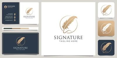 Minimalist quill feather pen signature handwriting circle frame logo and business card design. vector