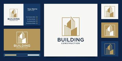 Golden building logo design inspiration and business card. Premium Vector