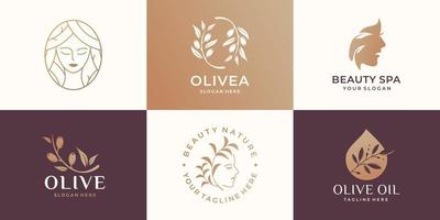 colección de logo de mujer de belleza, rama de olivo, spa de belleza, cara de mujer, aceite de oliva, logo femenino. vector
