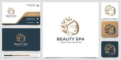 inspiración del logotipo del spa de belleza.logotipo del salón femenino,hermosa cara con hoja estilizada y tarjeta de visita. vector