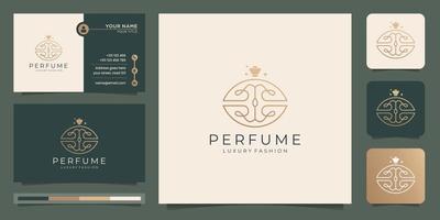 diseño de lujo para plantilla de logotipo de perfume. estilo de concepto lineal con color dorado y tarjeta de visita. vector