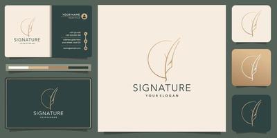 Minimalist quill feather design.pen signature handwriting circle frame logo and business card design vector