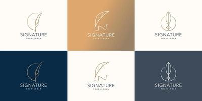 conjunto de plantilla de logotipo de pluma de pluma minimalista. pluma de escritura a mano, diseño de arte de línea de firma de pluma de oro vector