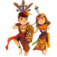 cute couple characters wearing ethnic Dayak clothes png